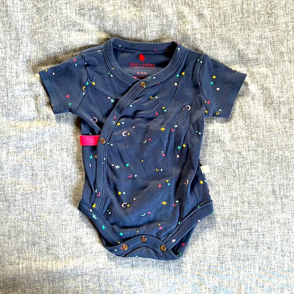 Finn + Emma navy blue onesie with stars and moons 100% organic cotton